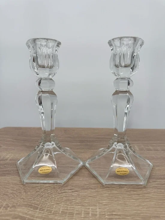 Vintage Teleflora French Crystal Glass Candlestick Holders Pair France 7" - Picture 3 of 8